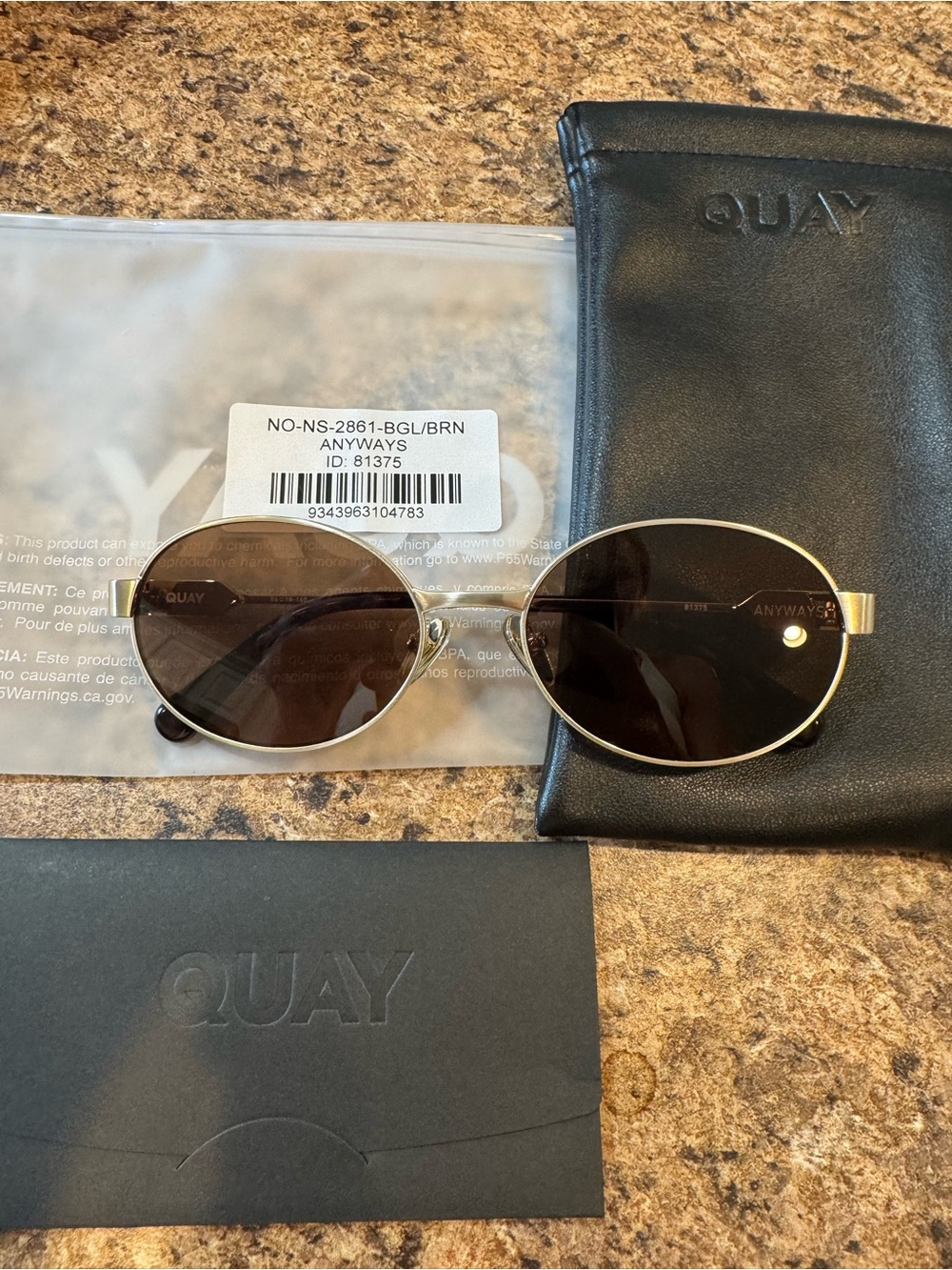 Quay Australia “Anyways” Gold Frame Sunglasses with Brown Lenses